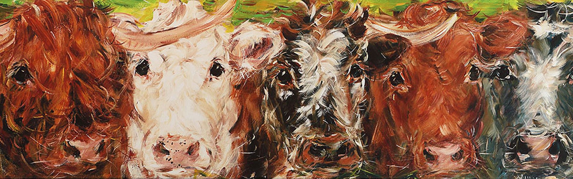 Rustic, countryside painting of five cows heads all in a line